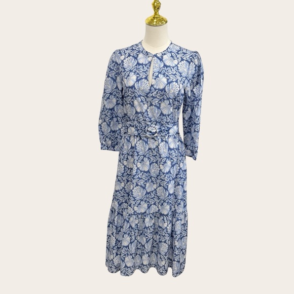 J. McLaughlin Small Cerina Silk Floral Print Belted Midi Dress Palmilla Blue NWT - Picture 2 of 14